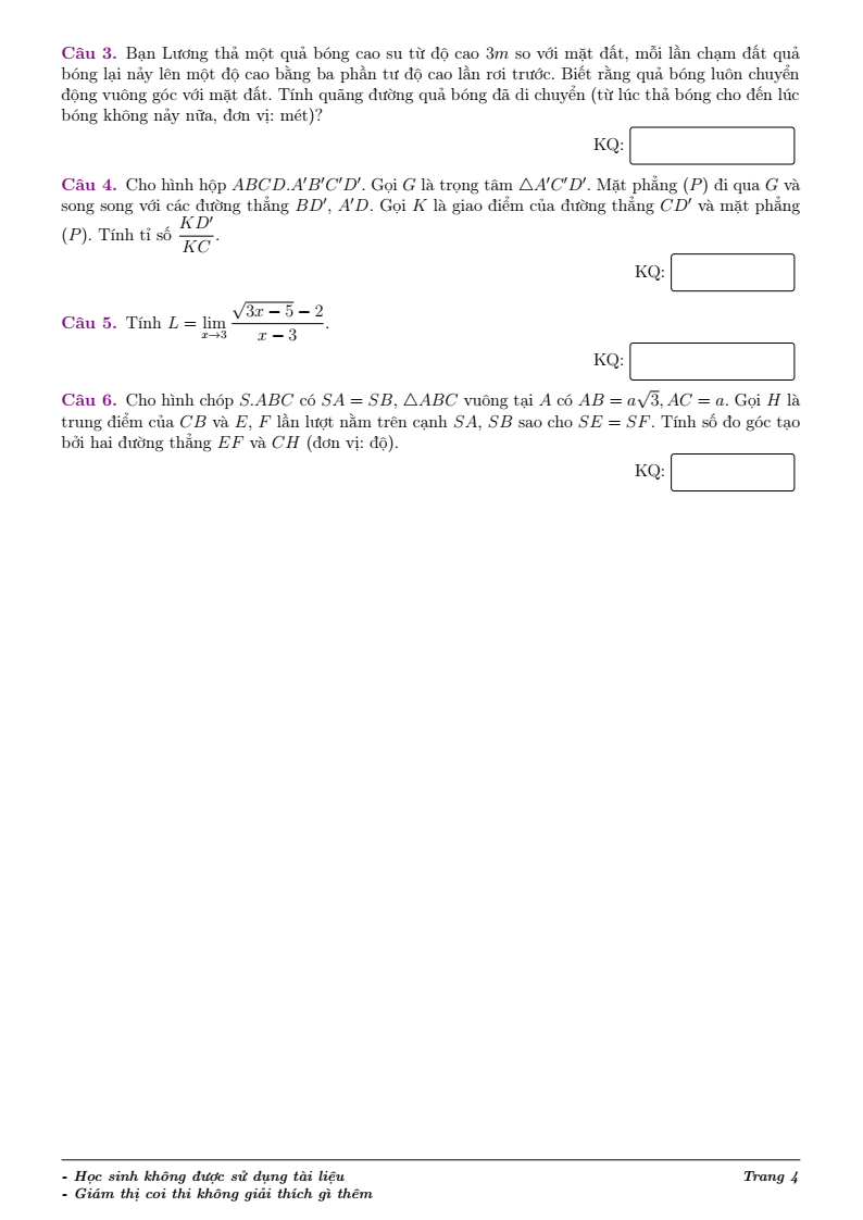 Đề thi Học kì 1 Toán 11 trường Lương Thế Vinh năm 2025-2026