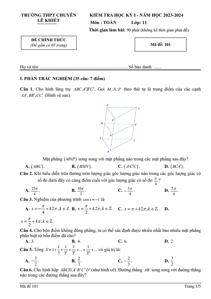 Đề thi Học kì 1 Toán 11 năm 2023-2024 trường chuyên Lê Khiết (Quảng Ngãi)