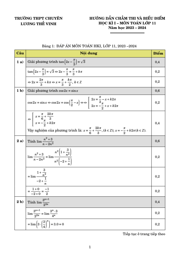 Đề thi Học kì 1 Toán 11 năm 2023-2024 trường chuyên Lương Thế Vinh (Đồng Nai)
