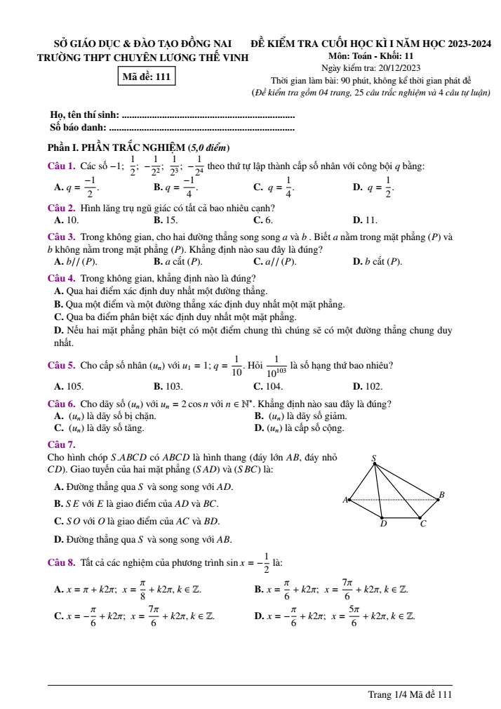 Đề thi Học kì 1 Toán 11 năm 2023-2024 trường chuyên Lương Thế Vinh (Đồng Nai)