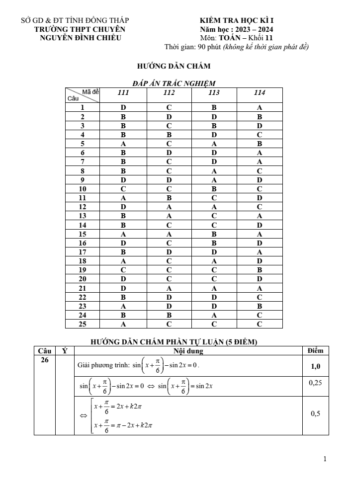 Đề thi Học kì 1 Toán 11 năm 2023-2024 trường chuyên Nguyễn Đình Chiểu (Đồng Tháp)