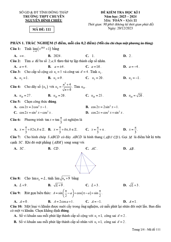 Đề thi Học kì 1 Toán 11 năm 2023-2024 trường chuyên Nguyễn Đình Chiểu (Đồng Tháp)