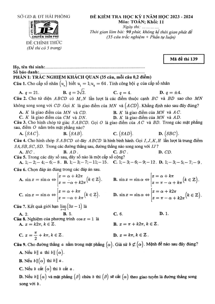 Đề thi Học kì 1 Toán 11 năm 2023-2024 trường chuyên Trần Phú (Hải Phòng)
