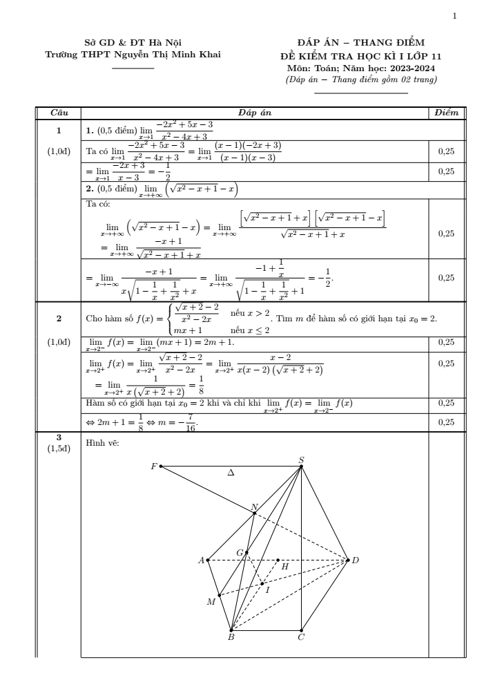 Đề thi Học kì 1 Toán 11 năm 2023-2024 trường Nguyễn Thị Minh Khai (Hà Nội)