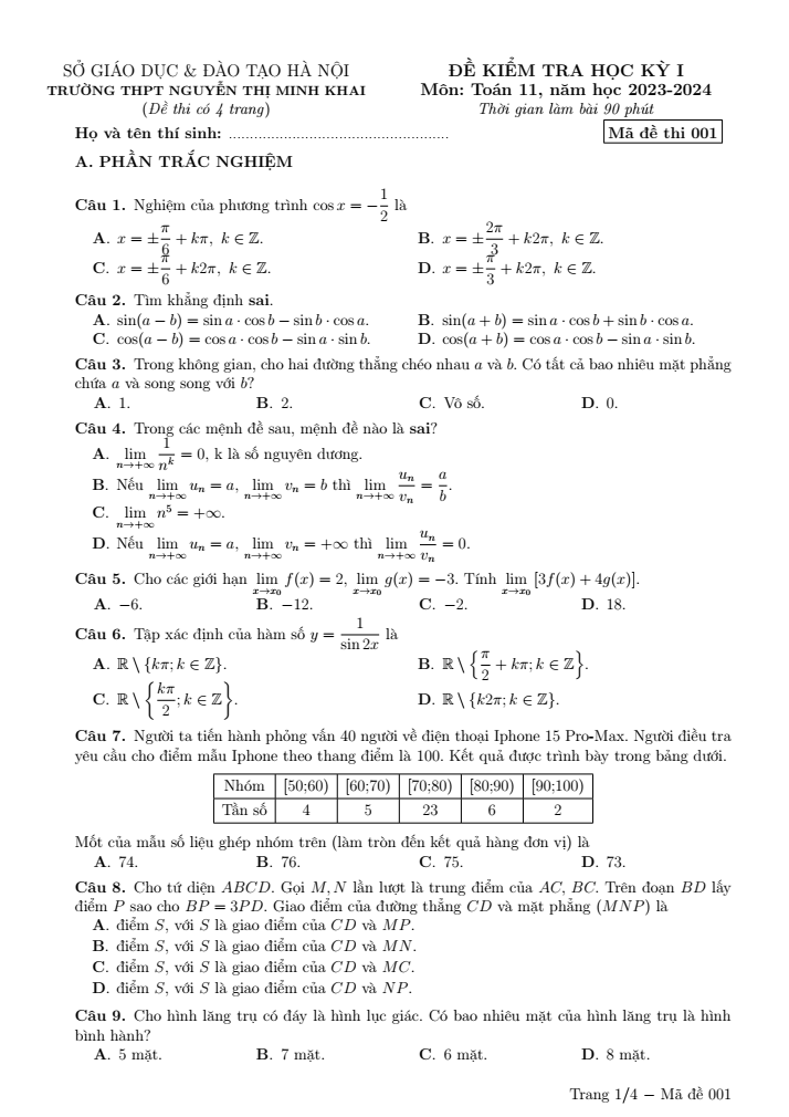 Đề thi Học kì 1 Toán 11 năm 2023-2024 trường Nguyễn Thị Minh Khai (Hà Nội)