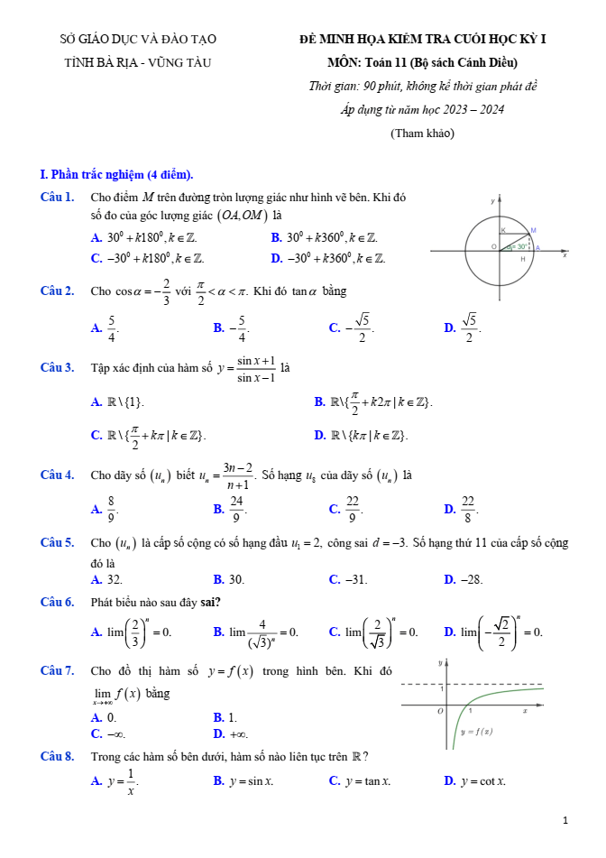 Đề thi Học kì 1 Toán 11 năm 2023-2024 sở GD&ĐT Bà Rịa – Vũng Tàu
