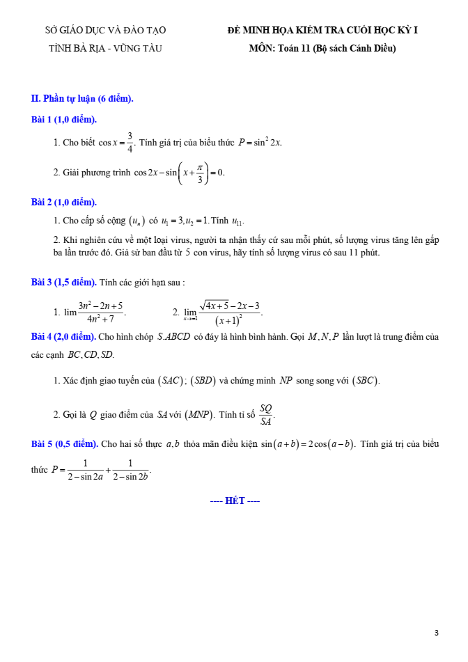 Đề thi Học kì 1 Toán 11 năm 2023-2024 sở GD&ĐT Bà Rịa – Vũng Tàu