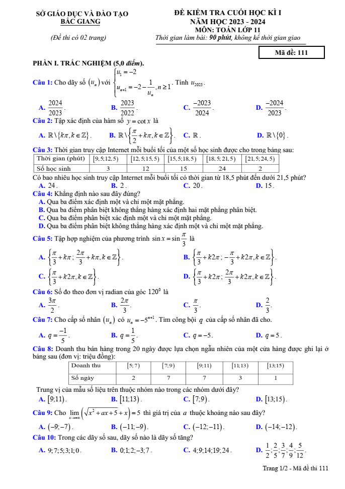 Đề thi Học kì 1 Toán 11 năm 2023-2024 sở GD&ĐT Bắc Giang