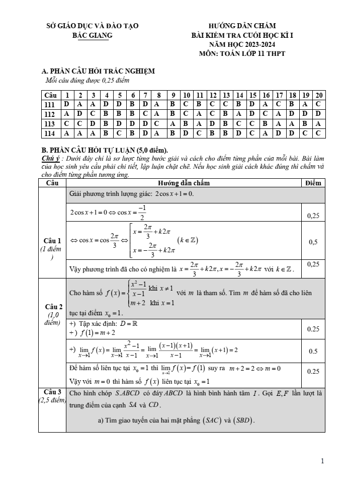 Đề thi Học kì 1 Toán 11 năm 2023-2024 sở GD&ĐT Bắc Giang