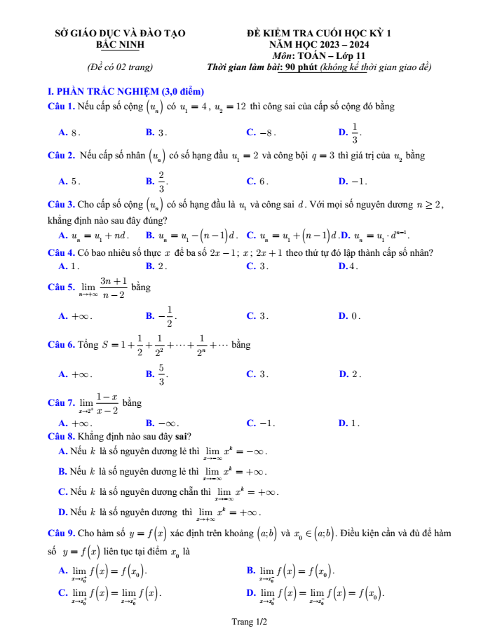 Đề thi Học kì 1 Toán 11 năm 2023-2024 sở GD&ĐT Bắc Ninh