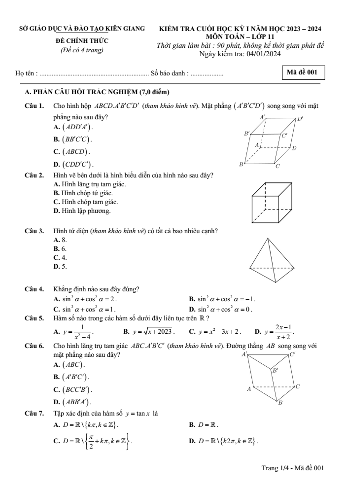 Đề thi Học kì 1 Toán 11 năm 2023-2024 sở GD&ĐT Kiên Giang