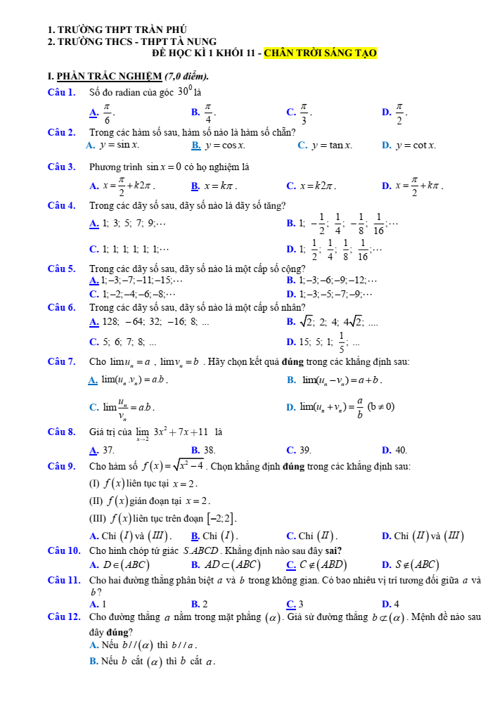 Đề thi Học kì 1 Toán 11 năm 2023-2024 sở GD&ĐT Lâm Đồng