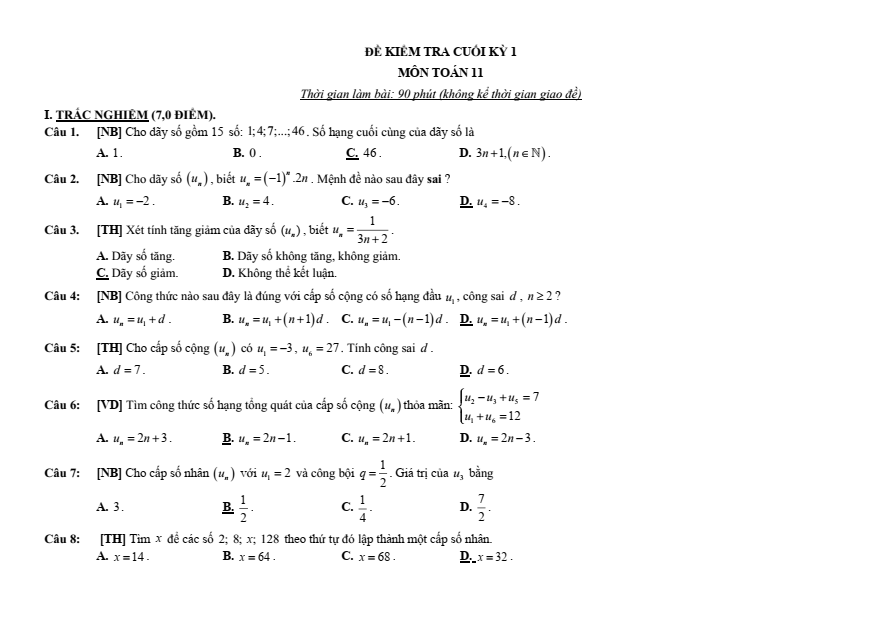 Đề thi Học kì 1 Toán 11 năm 2023-2024 sở GD&ĐT Ninh Bình