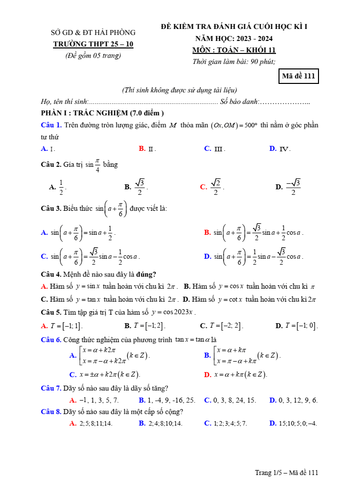 Đề thi Học kì 1 Toán 11 năm 2023-2024 trường THPT 25-10 (Hải Phòng)
