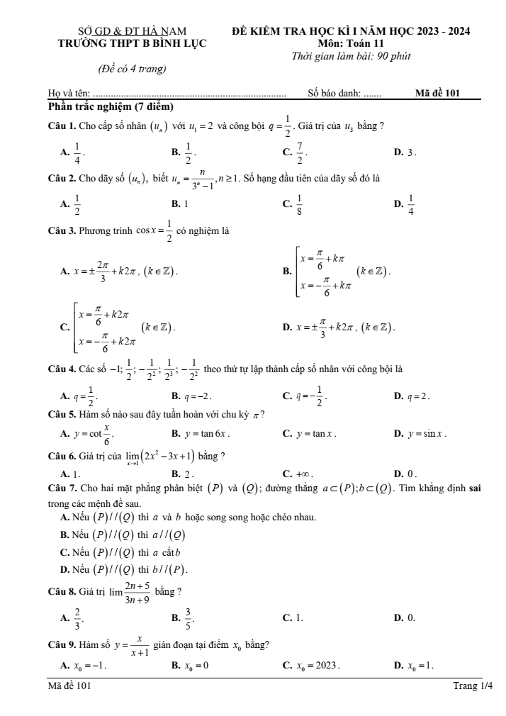 Đề thi Học kì 1 Toán 11 năm 2023-2024 trường THPT B Bình Lục (Hà Nam)