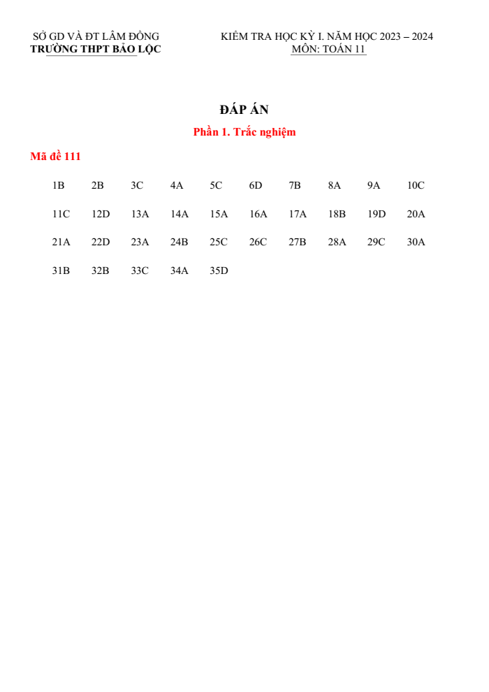 Đề thi Học kì 1 Toán 11 năm 2023-2024 trường THPT Bảo Lộc (Lâm Đồng)
