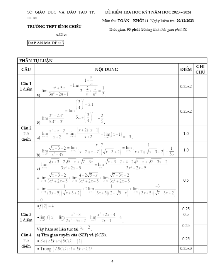 Đề thi Học kì 1 Toán 11 năm 2023-2024 trường THPT Bình Chiểu (TP HCM)