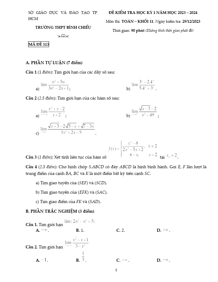 Đề thi Học kì 1 Toán 11 năm 2023-2024 trường THPT Bình Chiểu (TP HCM)