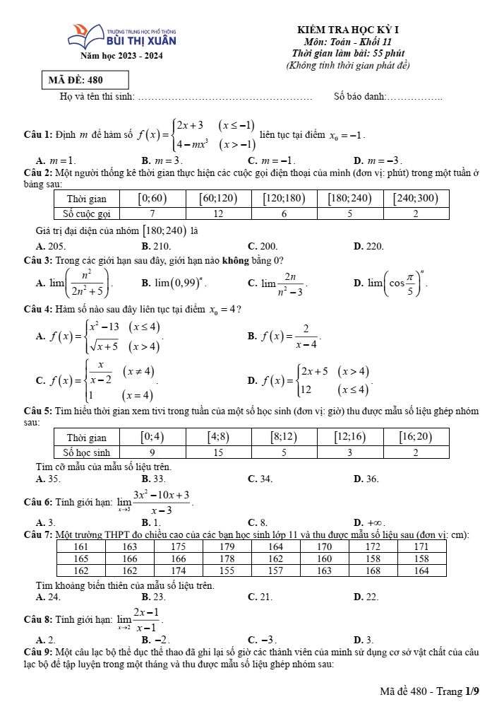 Đề thi Học kì 1 Toán 11 năm 2023-2024 trường THPT Bùi Thị Xuân (TP HCM)