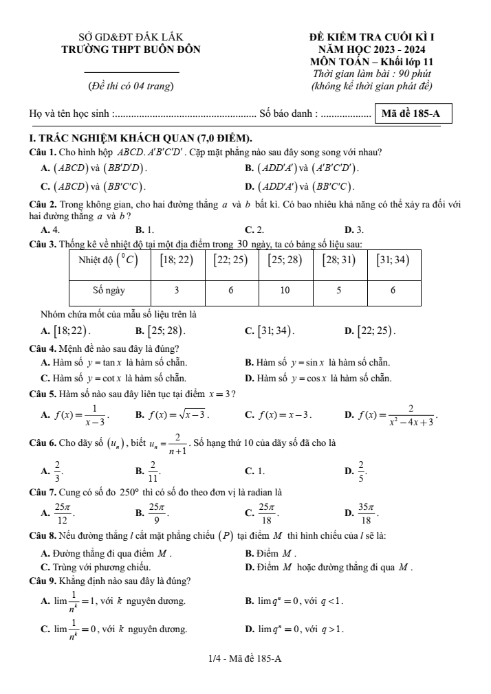Đề thi Học kì 1 Toán 11 năm 2023-2024 trường THPT Buôn Đôn (Đắk Lắk)