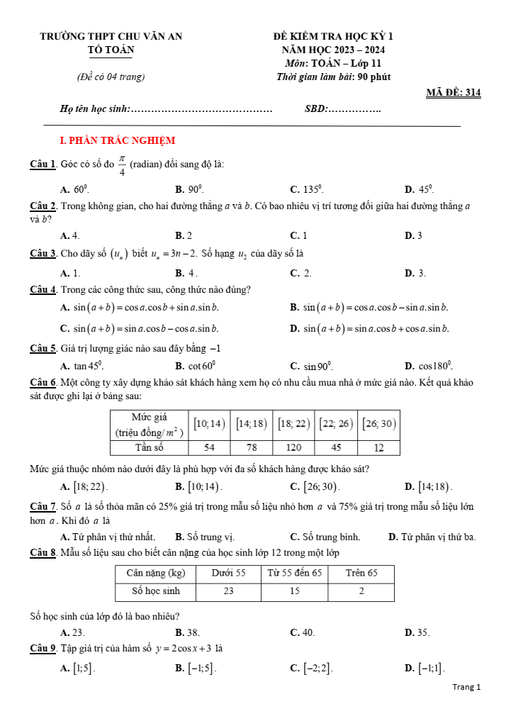Đề thi Học kì 1 Toán 11 năm 2023-2024 trường THPT Chu Văn An (An Giang)