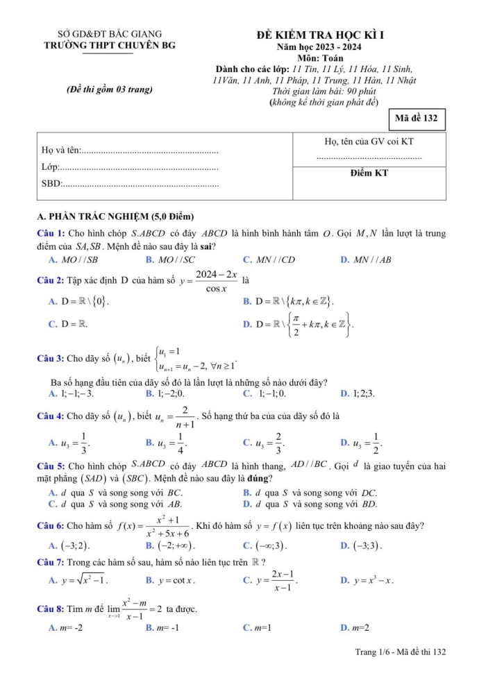 Đề thi Học kì 1 Toán 11 năm 2023-2024 trường THPT chuyên Bắc Giang