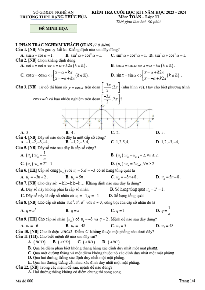 Đề thi Học kì 1 Toán 11 năm 2023-2024 trường THPT Đặng Thúc Hứa (Nghệ An)