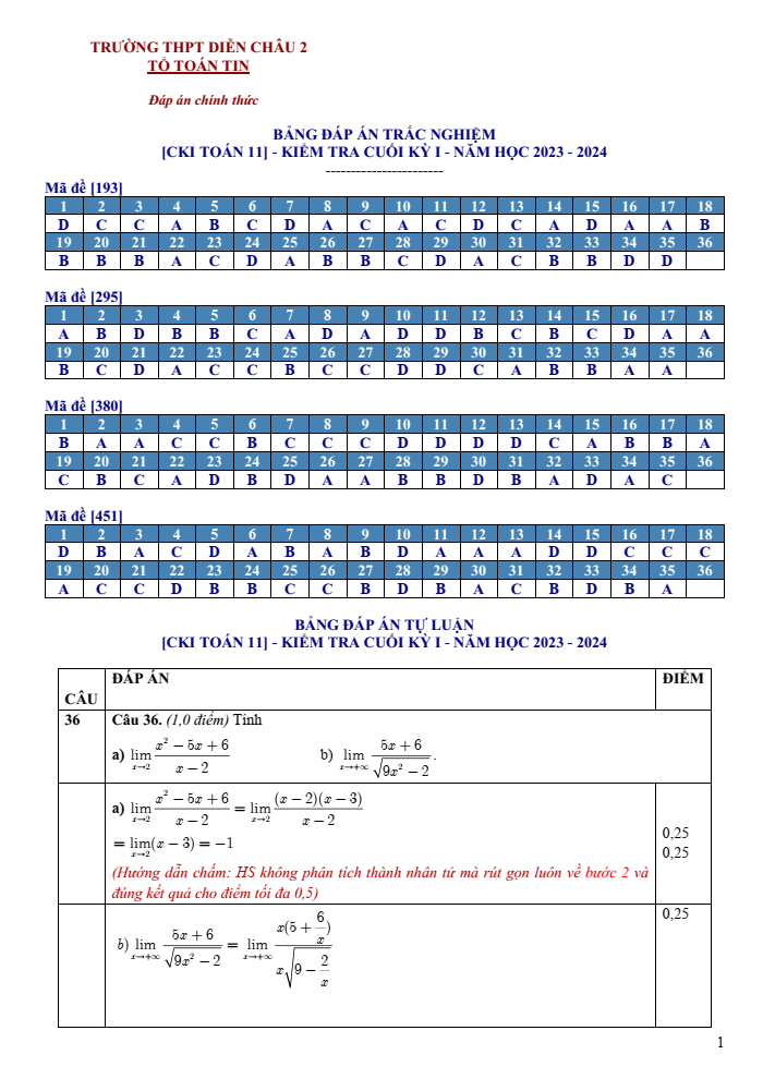 Đề thi Học kì 1 Toán 11 năm 2023-2024 trường THPT Diễn Châu 2 (Nghệ An)