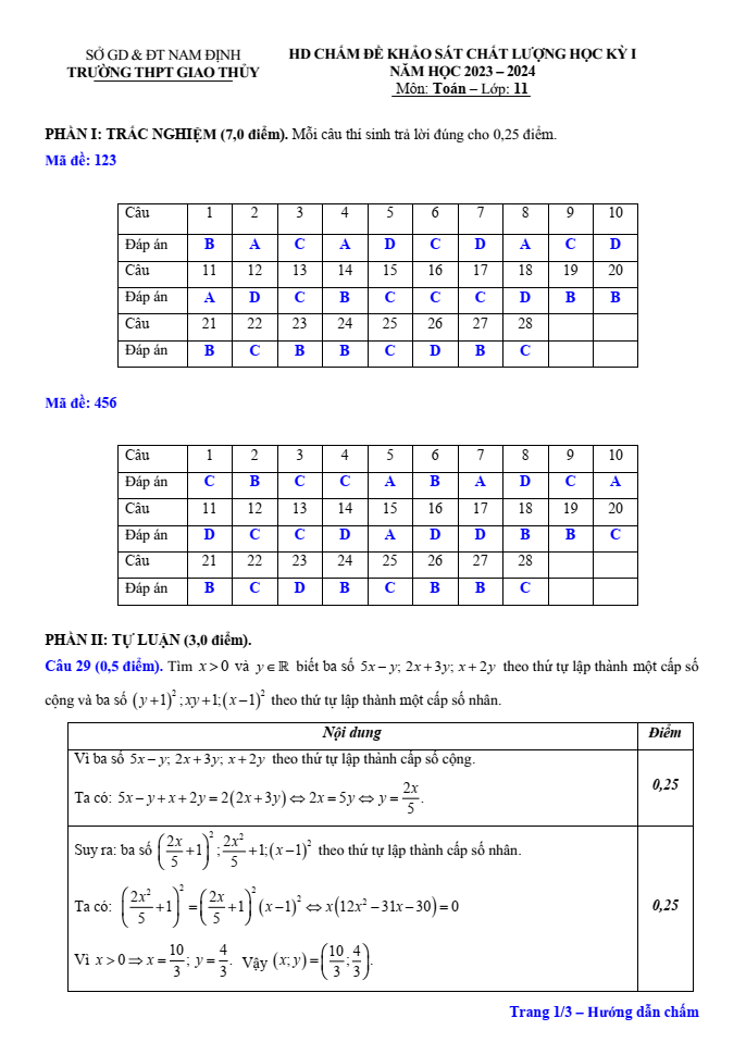 Đề thi Học kì 1 Toán 11 năm 2023-2024 trường THPT Giao Thủy (Nam Định)