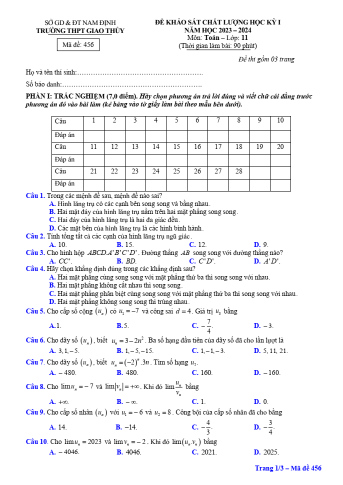 Đề thi Học kì 1 Toán 11 năm 2023-2024 trường THPT Giao Thủy (Nam Định)