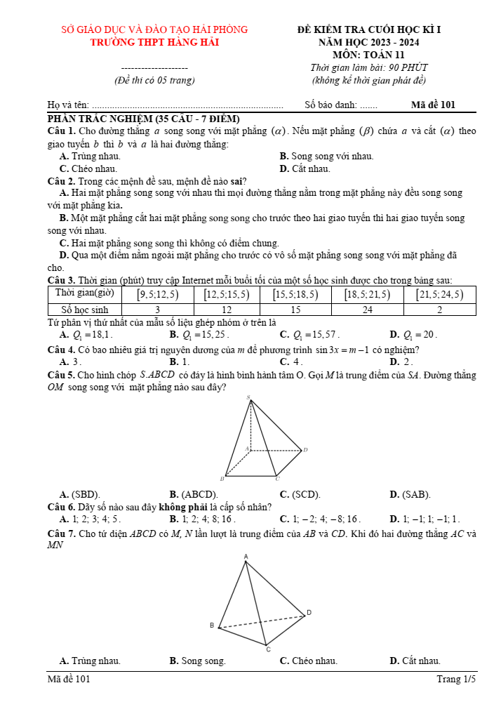 Đề thi Học kì 1 Toán 11 năm 2023-2024 trường THPT Hàng Hải (Hải Phòng)