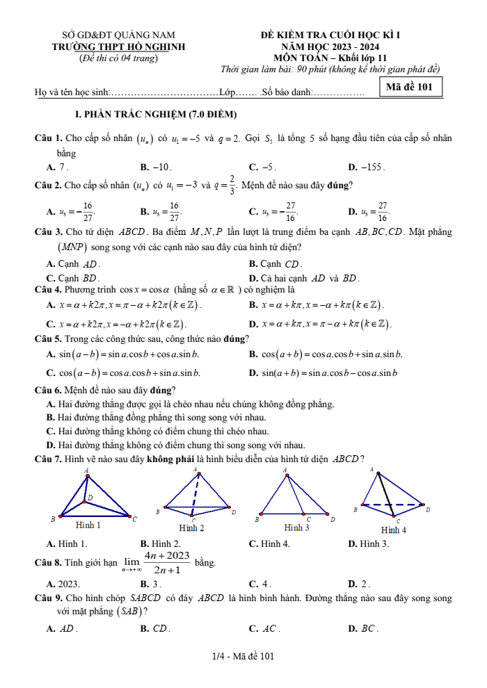 Đề thi Học kì 1 Toán 11 năm 2023-2024 trường THPT Hồ Nghinh (Quảng Nam)