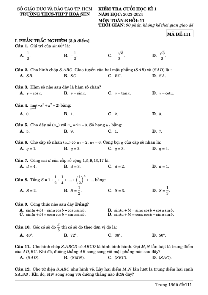 Đề thi Học kì 1 Toán 11 năm 2023-2024 trường THCS – THPT Hoa Sen (TP HCM)
