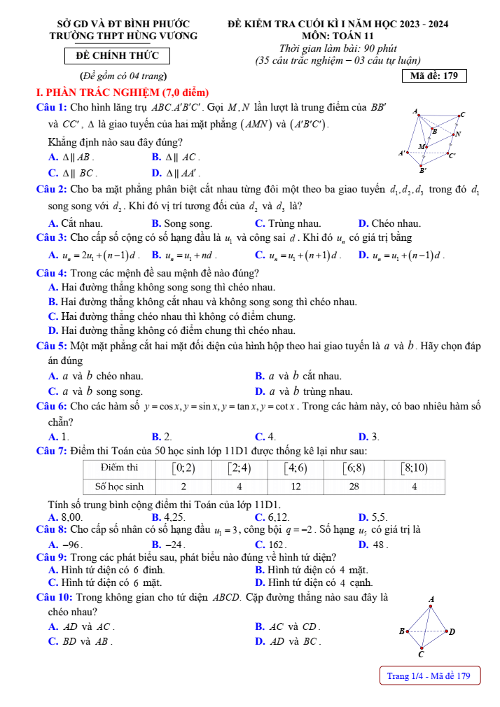 Đề thi Học kì 1 Toán 11 năm 2023-2024 trường THPT Hùng Vương (Bình Phước)