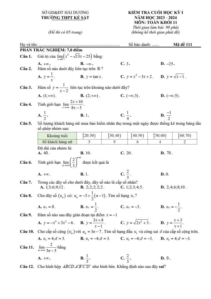 Đề thi Học kì 1 Toán 11 năm 2023-2024 trường THPT Kẻ Sặt (Hải Dương)