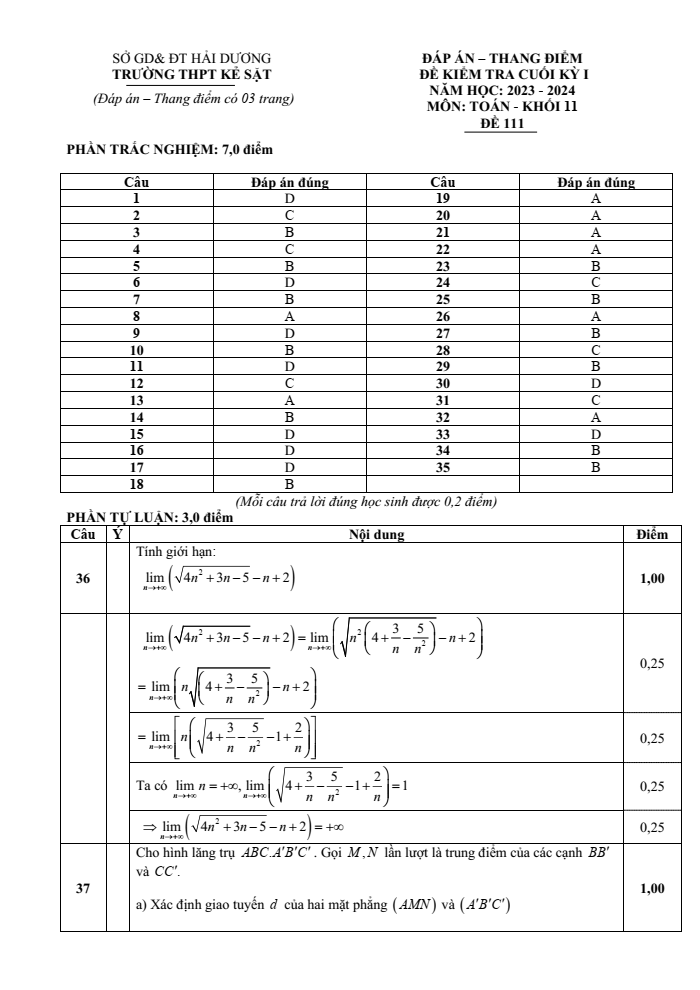 Đề thi Học kì 1 Toán 11 năm 2023-2024 trường THPT Kẻ Sặt (Hải Dương)