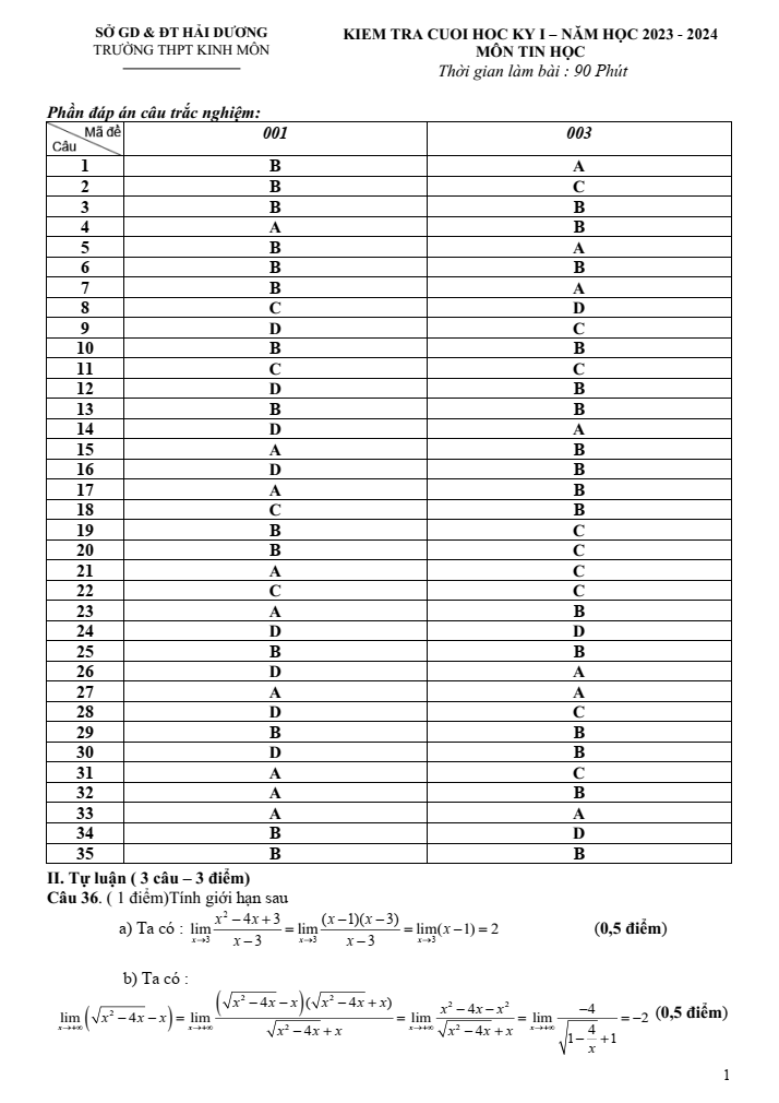 Đề thi Học kì 1 Toán 11 năm 2023-2024 trường THPT Kinh Môn (Hải Dương)