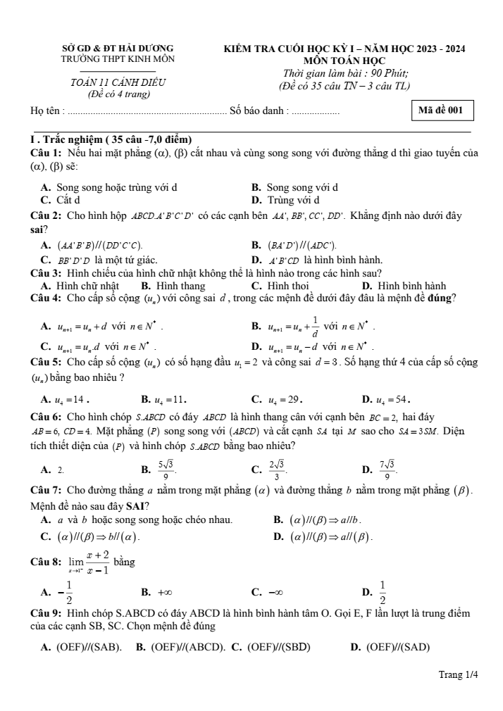 Đề thi Học kì 1 Toán 11 năm 2023-2024 trường THPT Kinh Môn (Hải Dương)