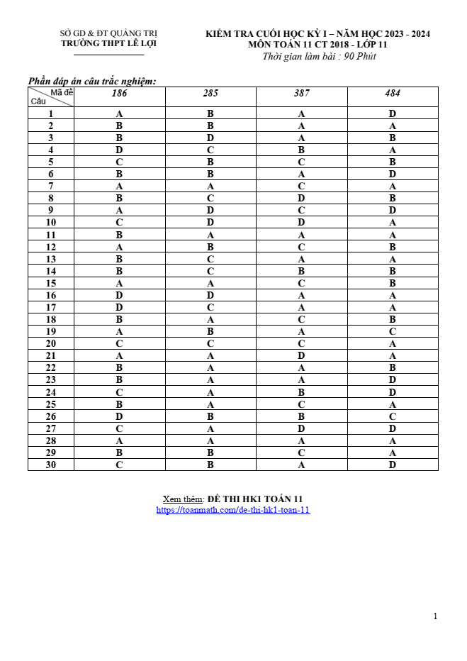 Đề thi Học kì 1 Toán 11 năm 2023-2024 trường THPT Lê Lợi (Quảng Trị)