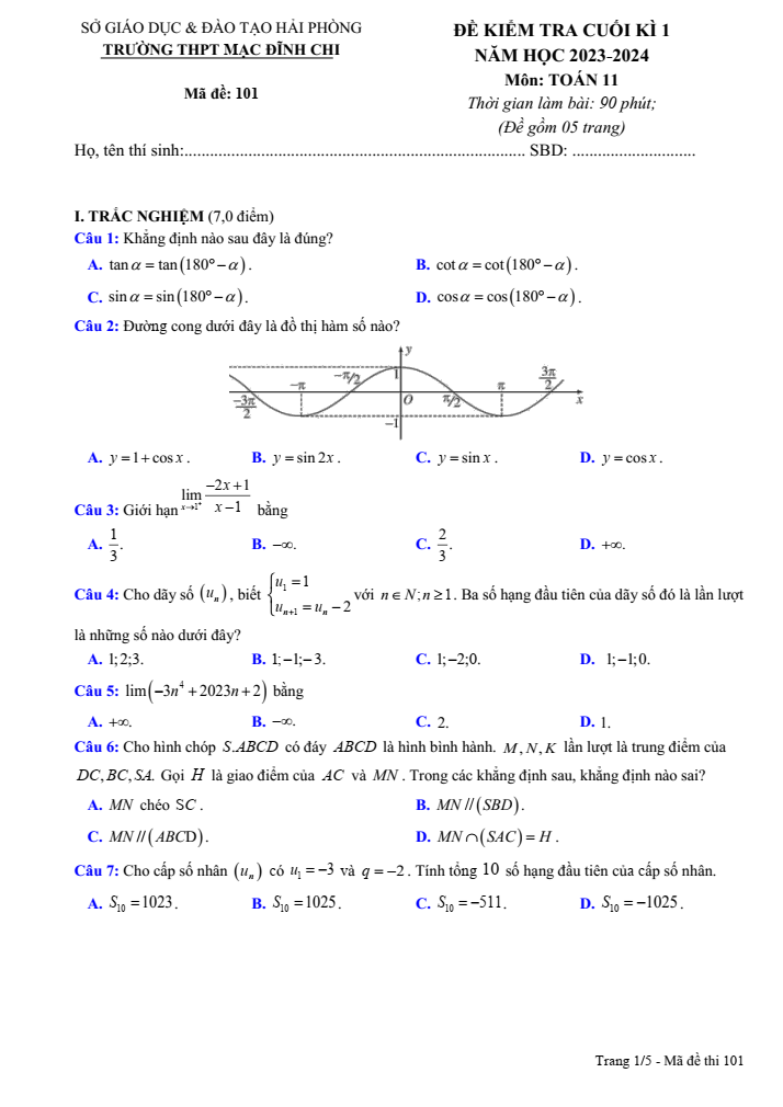 Đề thi Học kì 1 Toán 11 năm 2023-2024 trường THPT Mạc Đĩnh Chi (Hải Phòng)