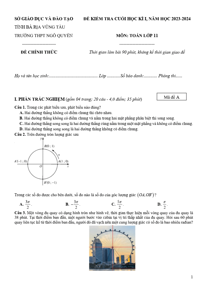 Đề thi Học kì 1 Toán 11 năm 2023-2024 trường THPT Ngô Quyền (BR VT)