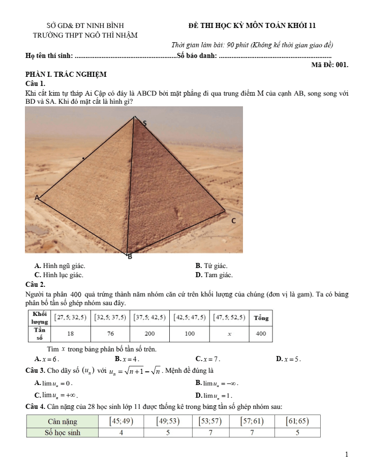 Đề thi Học kì 1 Toán 11 năm 2023-2024 trường THPT Ngô Thì Nhậm (Ninh Bình)
