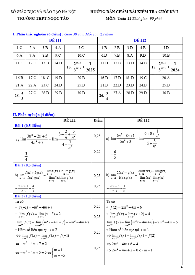 Đề thi Học kì 1 Toán 11 năm 2023-2024 trường THPT Ngọc Tảo (Hà Nội)