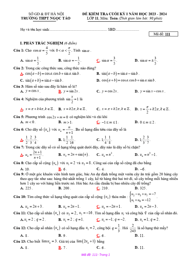Đề thi Học kì 1 Toán 11 năm 2023-2024 trường THPT Ngọc Tảo (Hà Nội)
