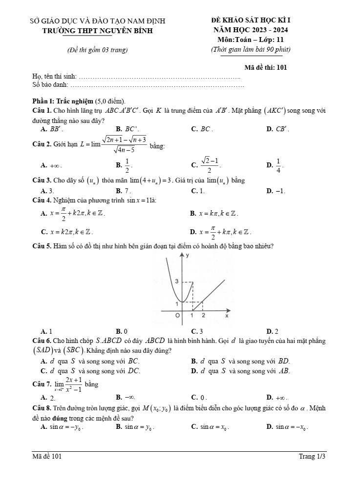 Đề thi Học kì 1 Toán 11 năm 2023-2024 trường THPT Nguyễn Bính (Nam Định)
