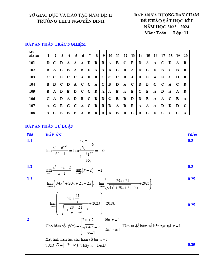 Đề thi Học kì 1 Toán 11 năm 2023-2024 trường THPT Nguyễn Bính (Nam Định)
