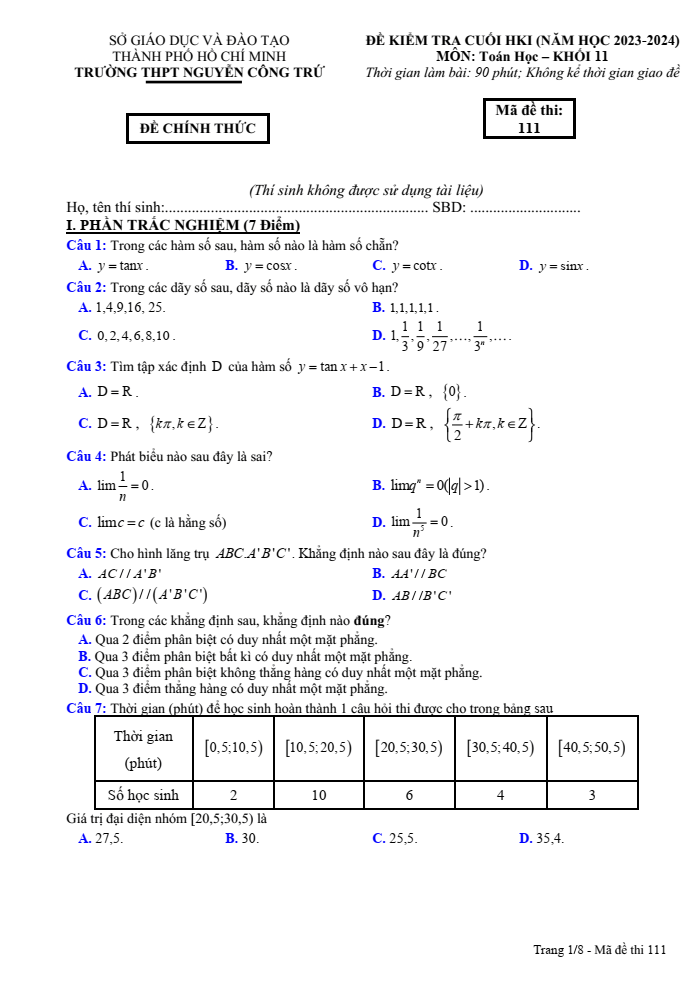 Đề thi Học kì 1 Toán 11 năm 2023-2024 trường THPT Nguyễn Công Trứ (TP HCM)