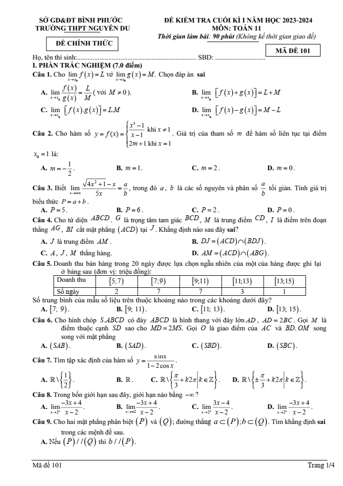 Đề thi Học kì 1 Toán 11 năm 2023-2024 trường THPT Nguyễn Du (Bình Phước)
