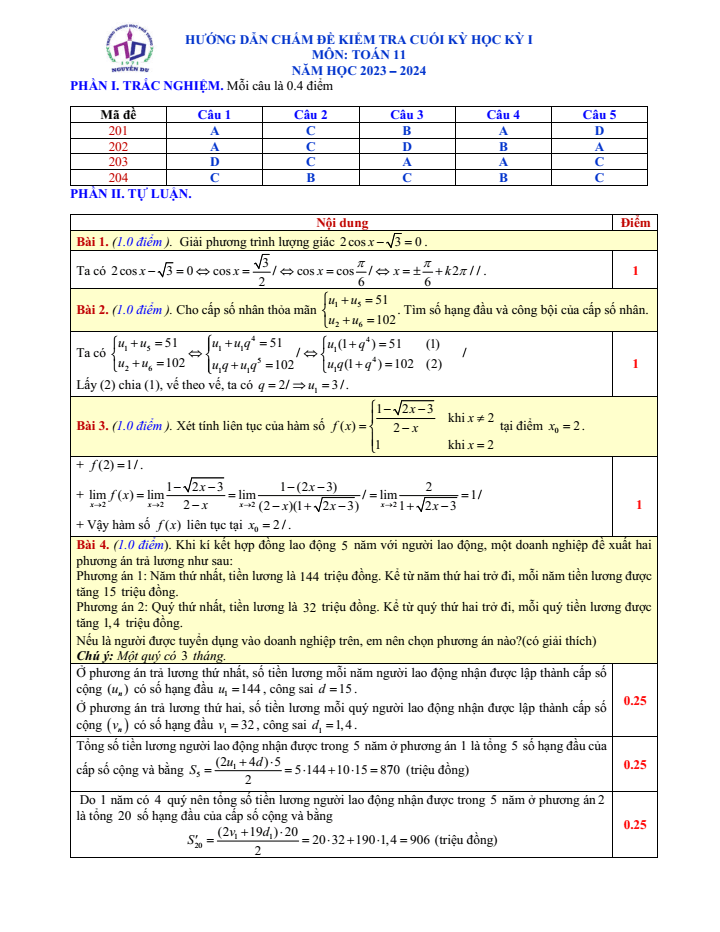 Đề thi Học kì 1 Toán 11 năm 2023-2024 trường THPT Nguyễn Du (TP HCM)