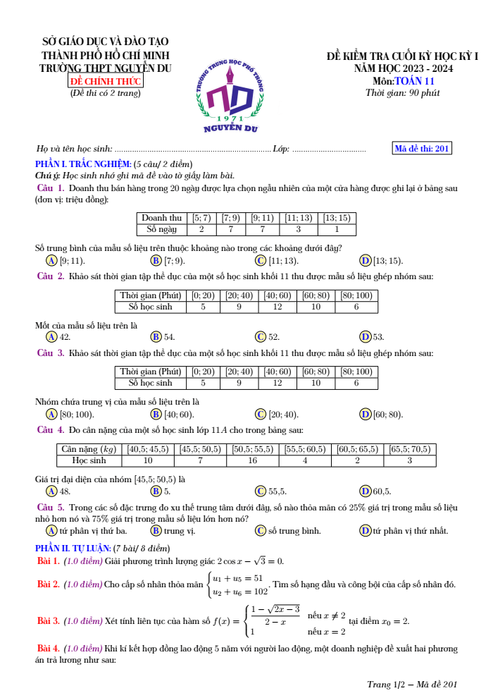 Đề thi Học kì 1 Toán 11 năm 2023-2024 trường THPT Nguyễn Du (TP HCM)